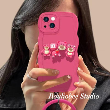 Rose powder strawberry bear combination ring